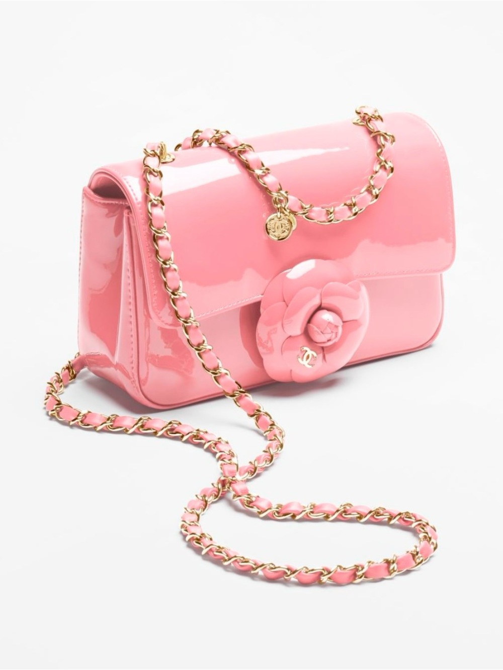 CHANEL Pink Patent Leather Camellia Crossbody Bag with Gold Chain